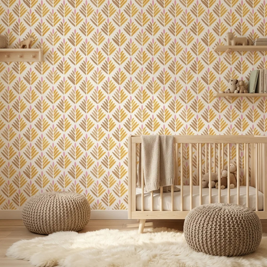 Warm Fronds earthy pink botanical wallpaper bringing warmth to a peaceful nursery