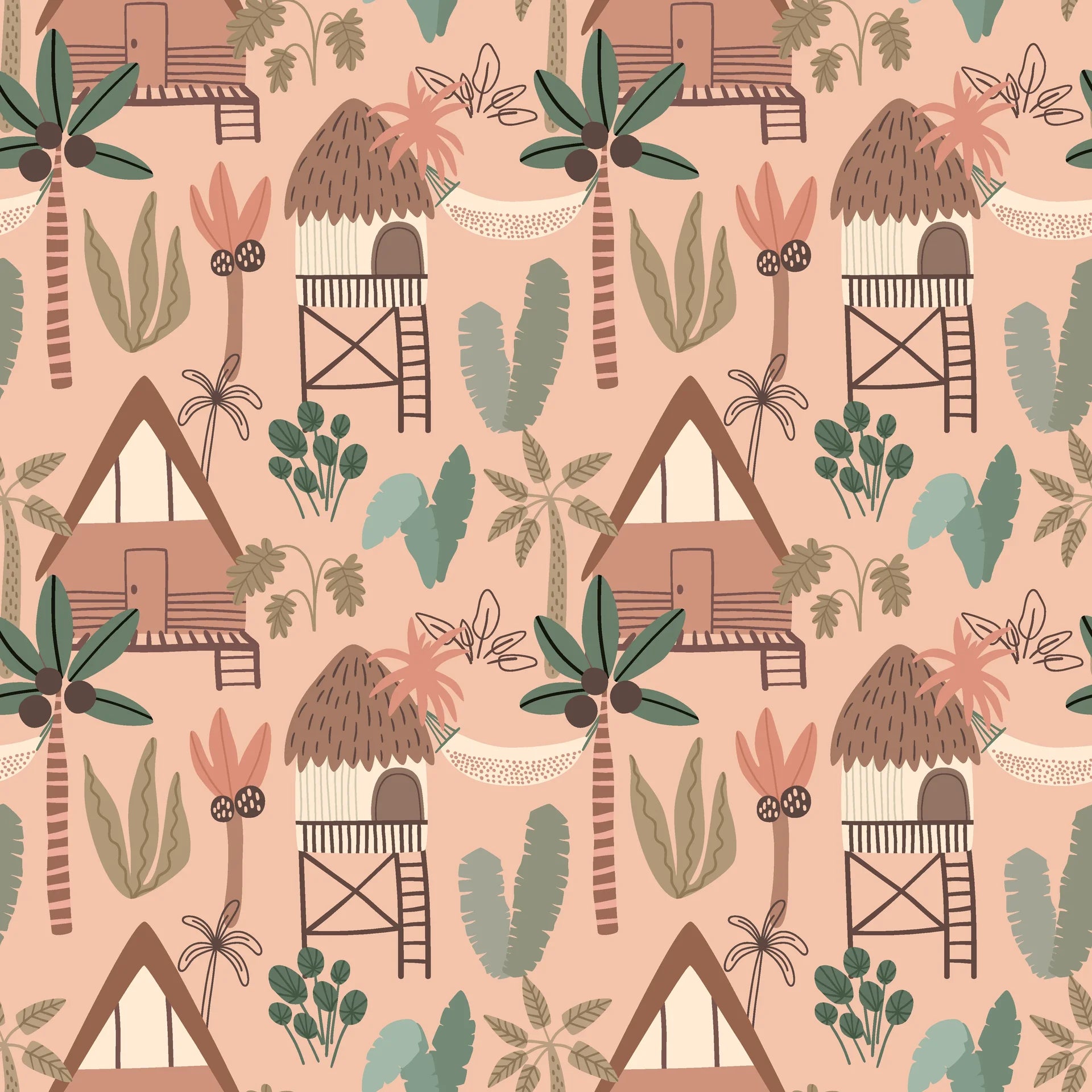 Matte tropical bungalow and palm peel and stick wallpaper on blush - Warm Idyll