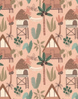 Matte tropical bungalow and palm peel and stick wallpaper on blush - Warm Idyll