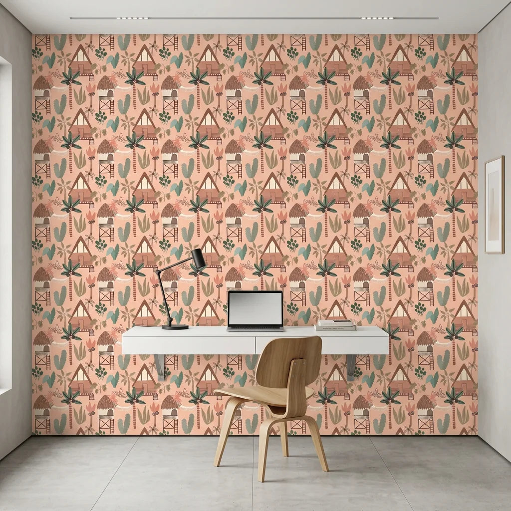 Warm Idyll cozy tropical bungalow as a feature wall in a bright home office