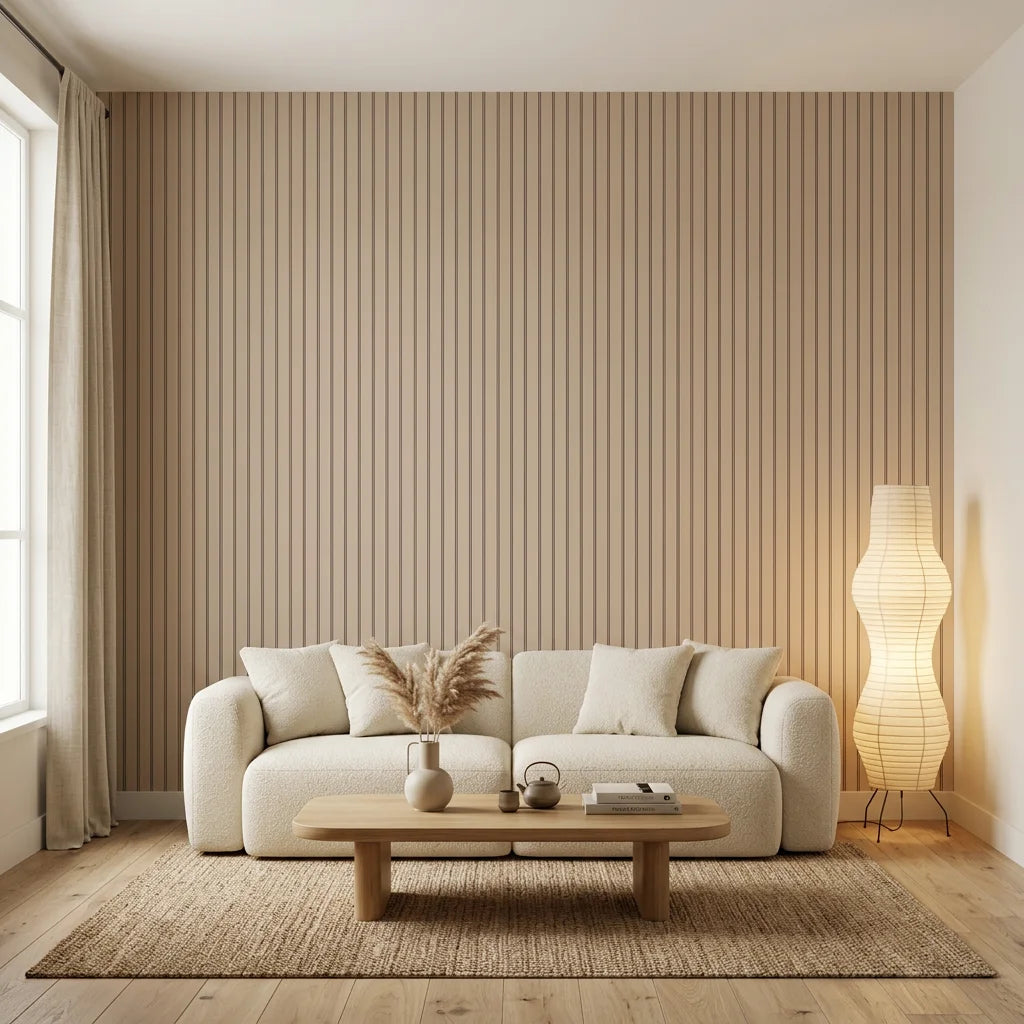 Warm Ticking cozy tan ticking stripe wallpaper in a warm and inviting living room