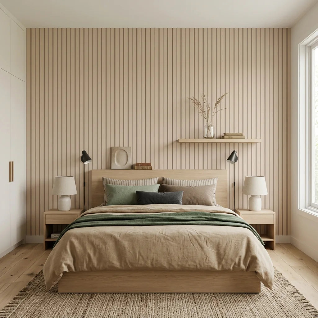 Warm Ticking cozy tan ticking stripe wallpaper adding character to a cozy bedroom
