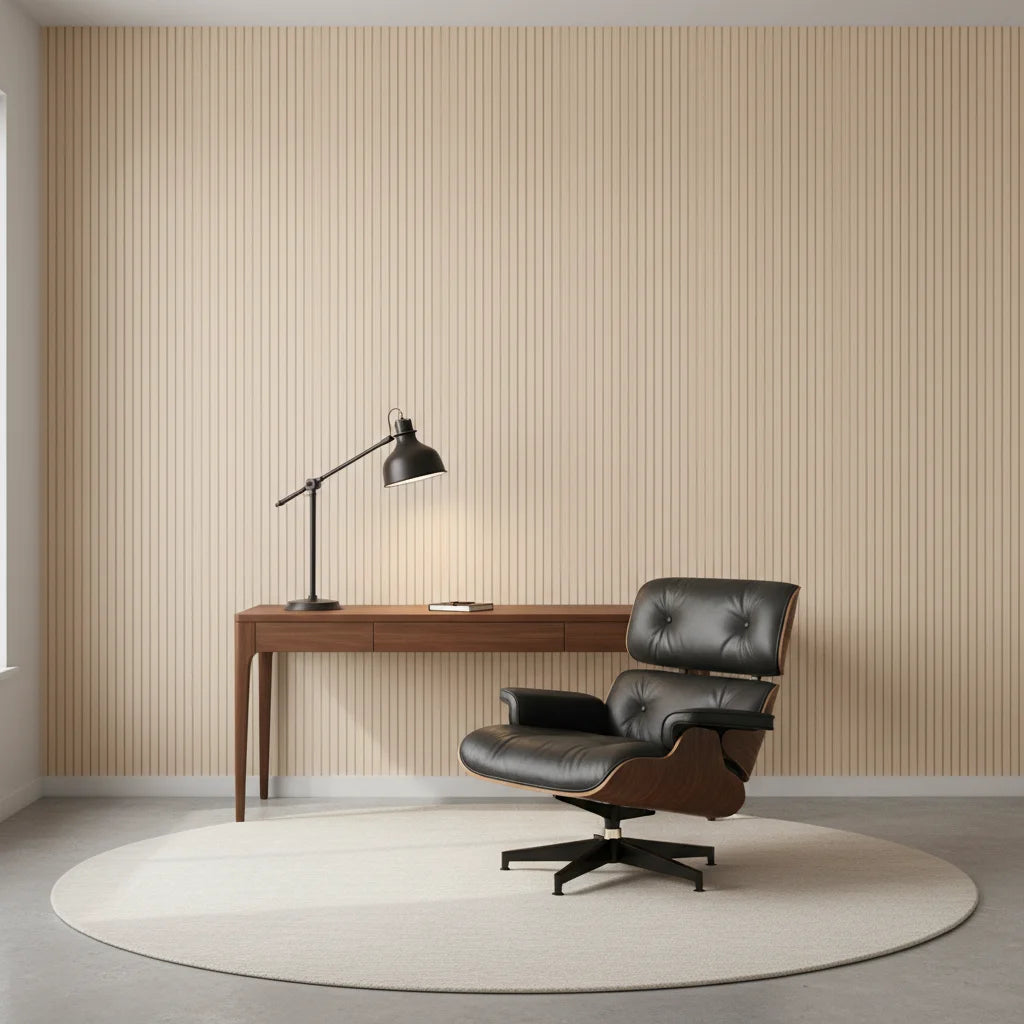 Warm Ticking cozy tan ticking stripe wallpaper as a feature wall in a bright home office