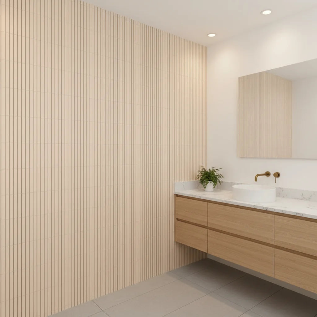 Warm Ticking cozy tan ticking stripe wallpaper creating ambiance in a serene bathroom