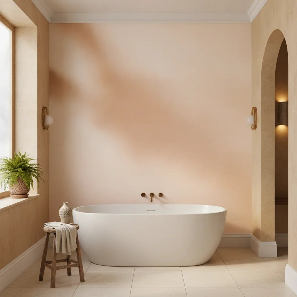 Warm Drift soft blush abstract as a feature wall in a bright home office