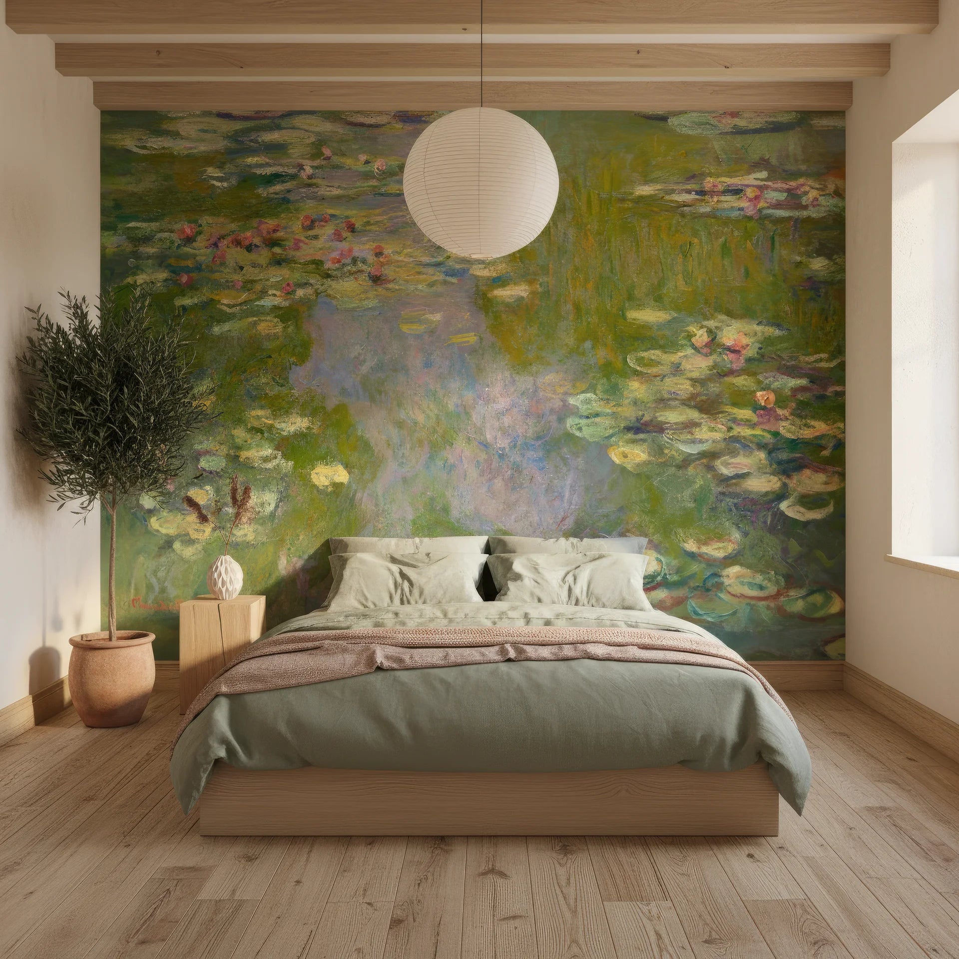 Impressionist Water Lily Garden mural wallpaper with green pond and pink florals in serene bedroom