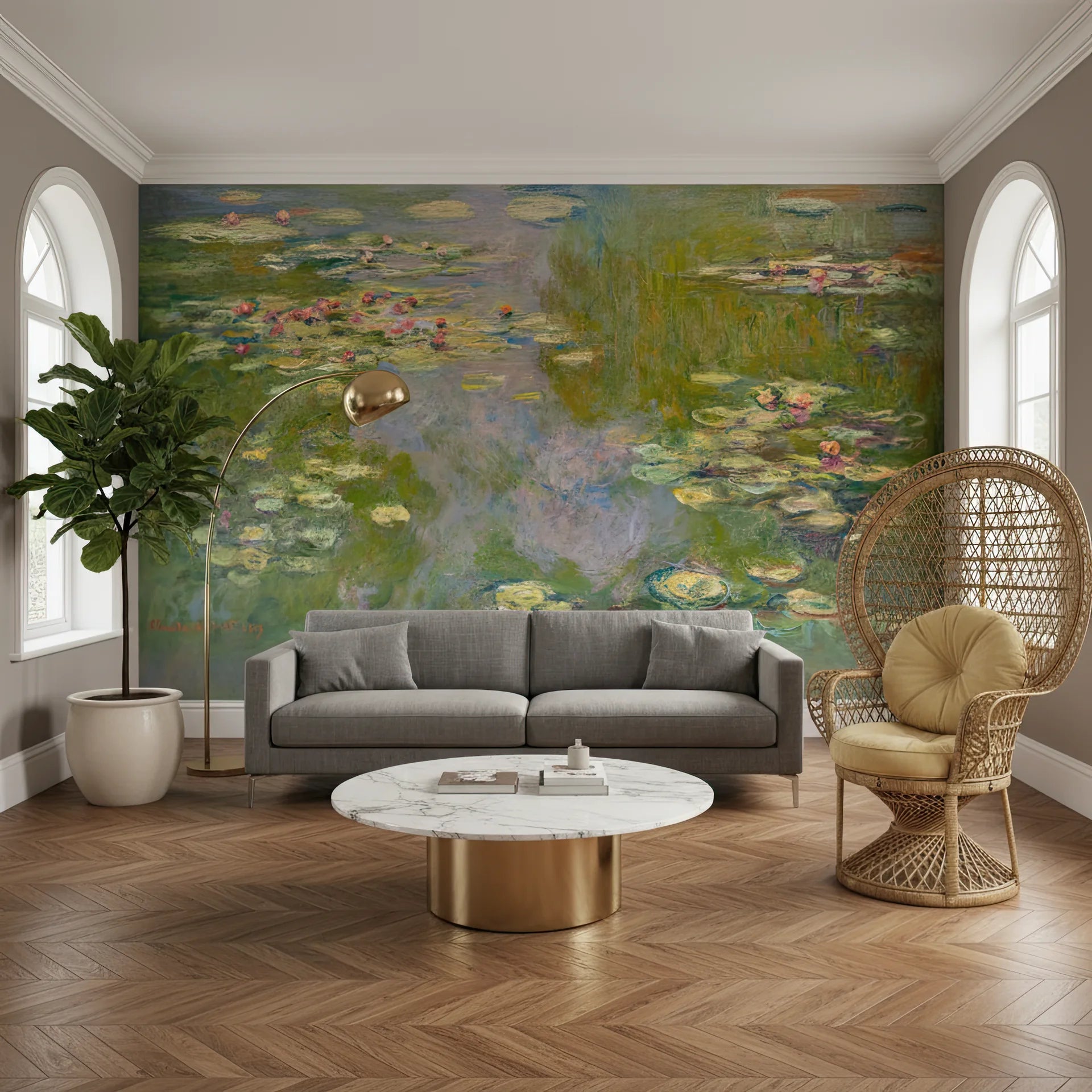 Impressionist Water Lily Garden mural wallpaper with pink flowers and green lily pads on living room wall