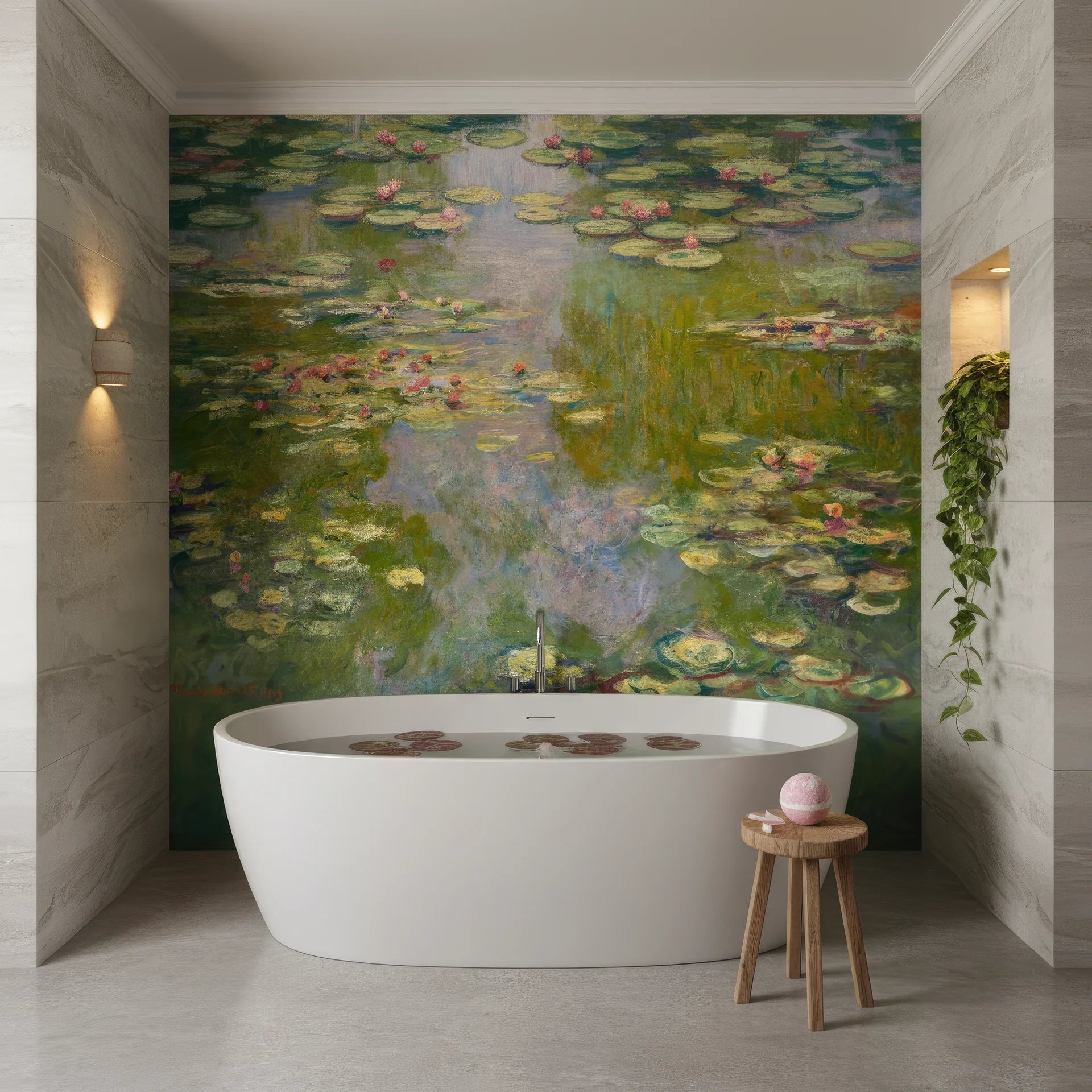 Water Lily Garden removable wallpaper featuring impressionist pond scene behind modern freestanding bathtub