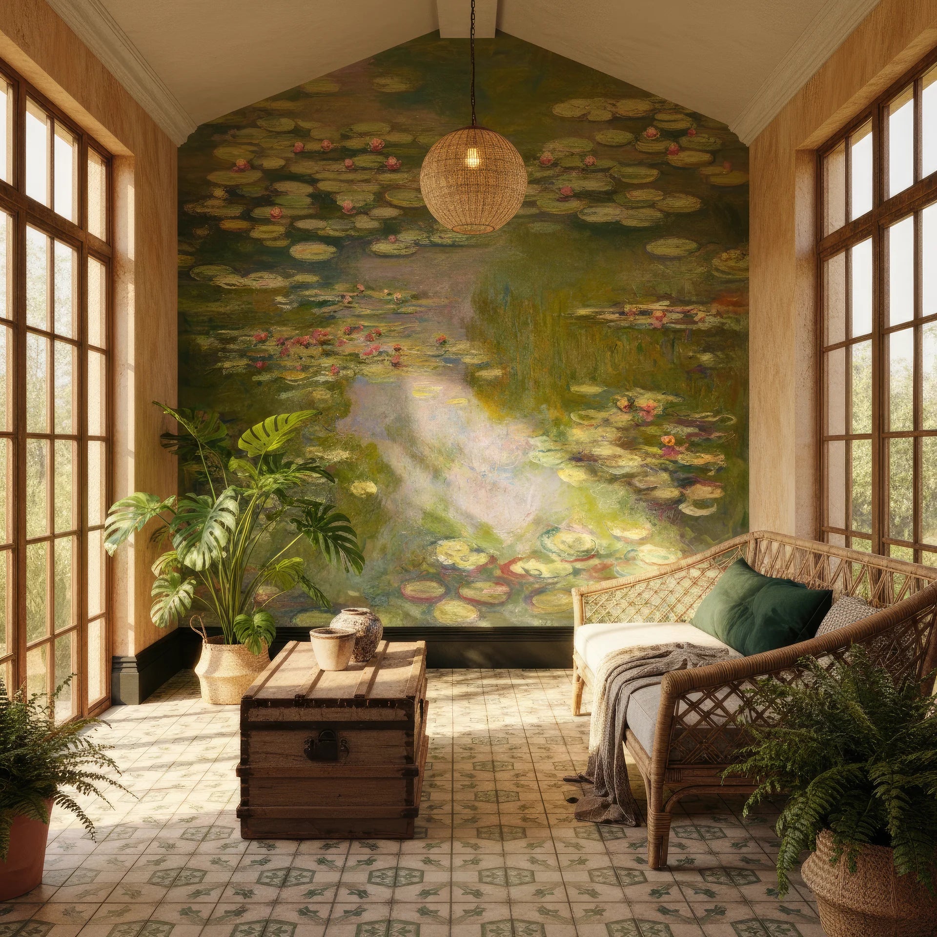 Green and pink Water Lily Garden impressionist wallpaper mural in sunlit garden room with natural decor