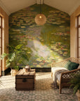 Green and pink Water Lily Garden impressionist wallpaper mural in sunlit garden room with natural decor
