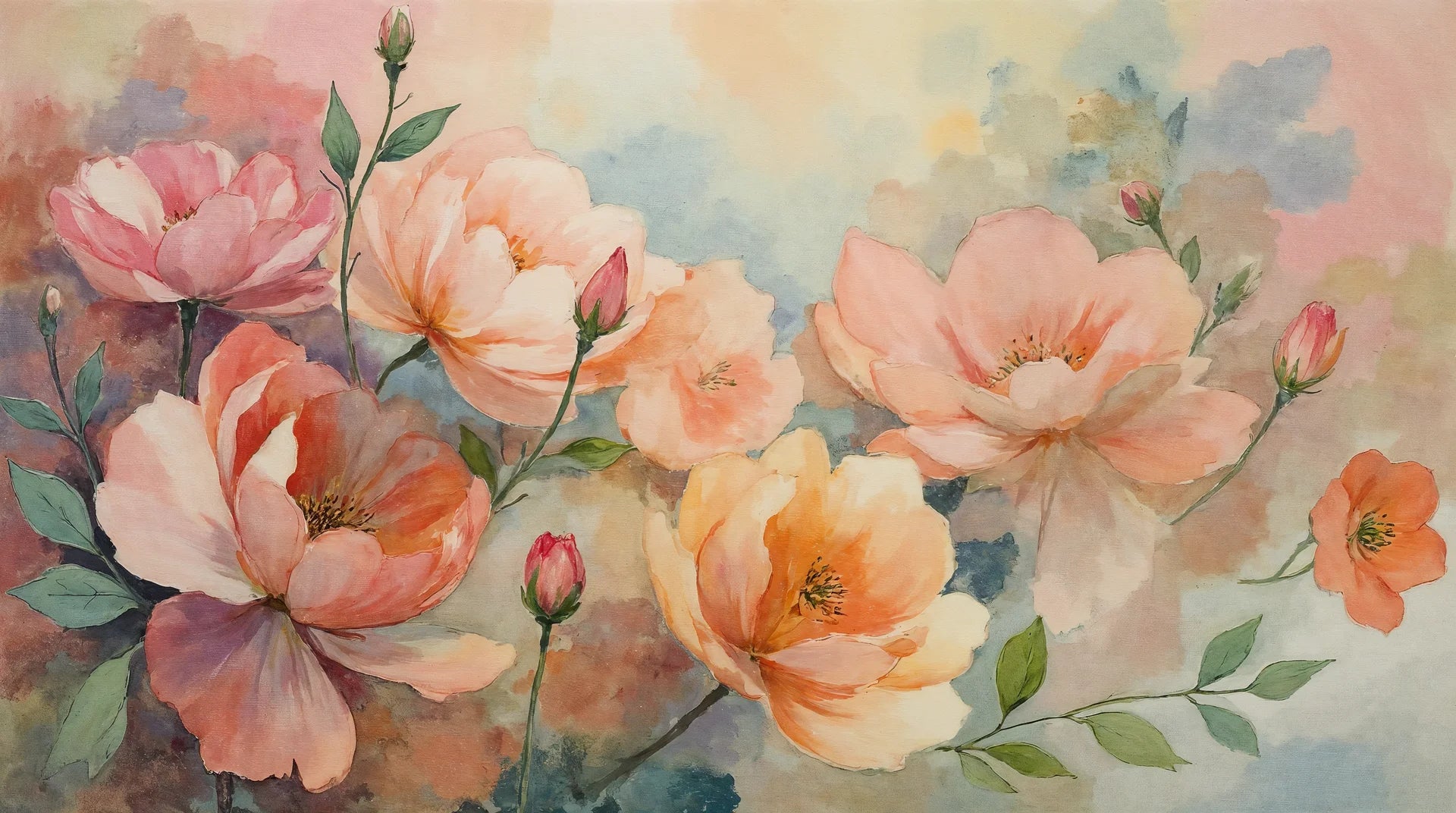 Romantic Watercolor Hours wallpaper featuring soft pink and peach blooms with watercolor wash background