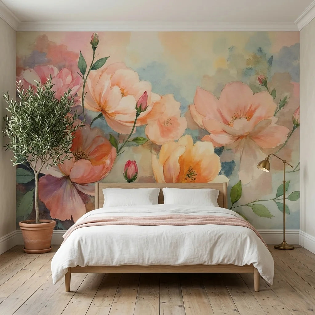 Watercolor floral wallpaper mural with oversized peach and pink blooms on soft watercolor background in bedroom setting