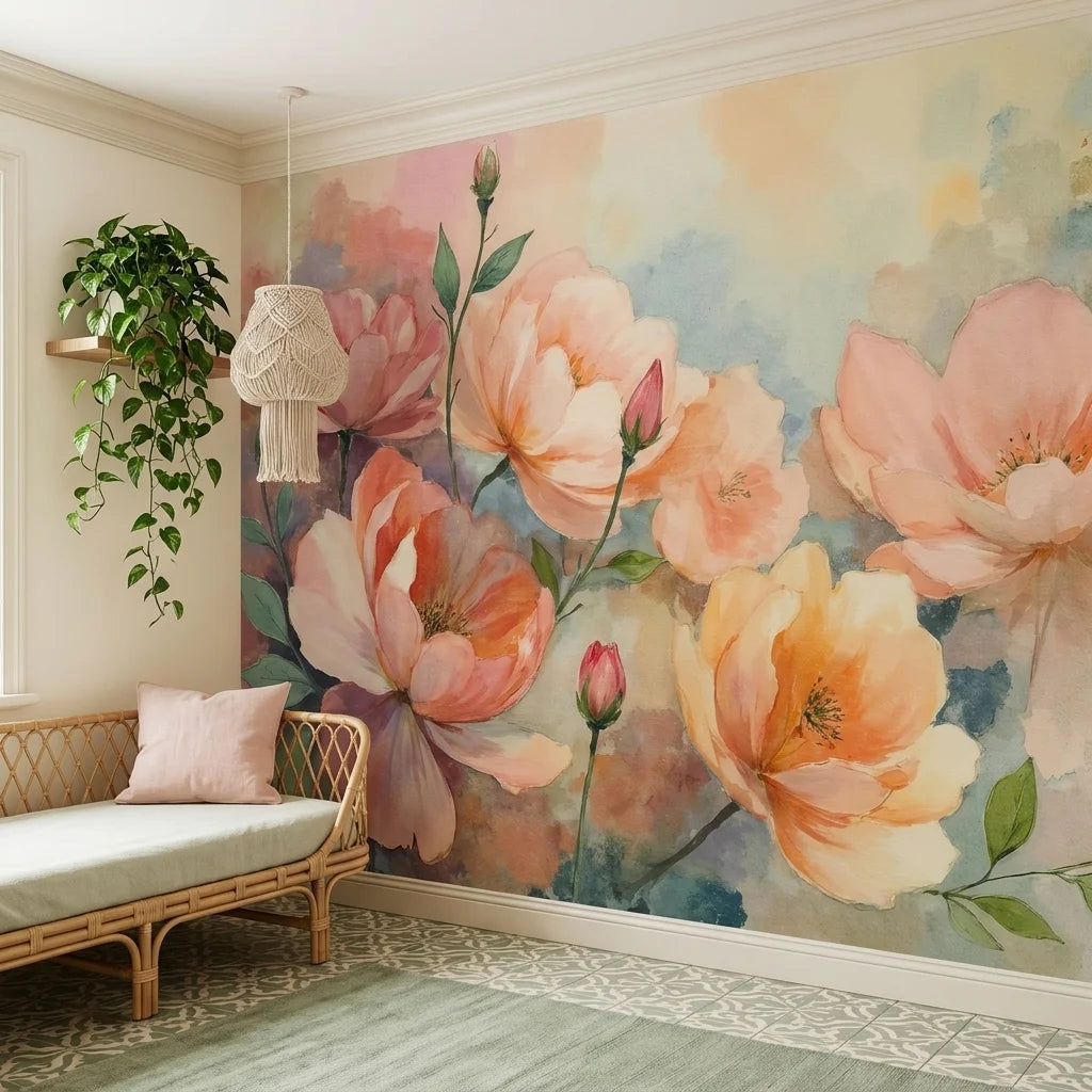 Watercolor floral wallpaper with peach and coral blooms on soft blue background in modern living room