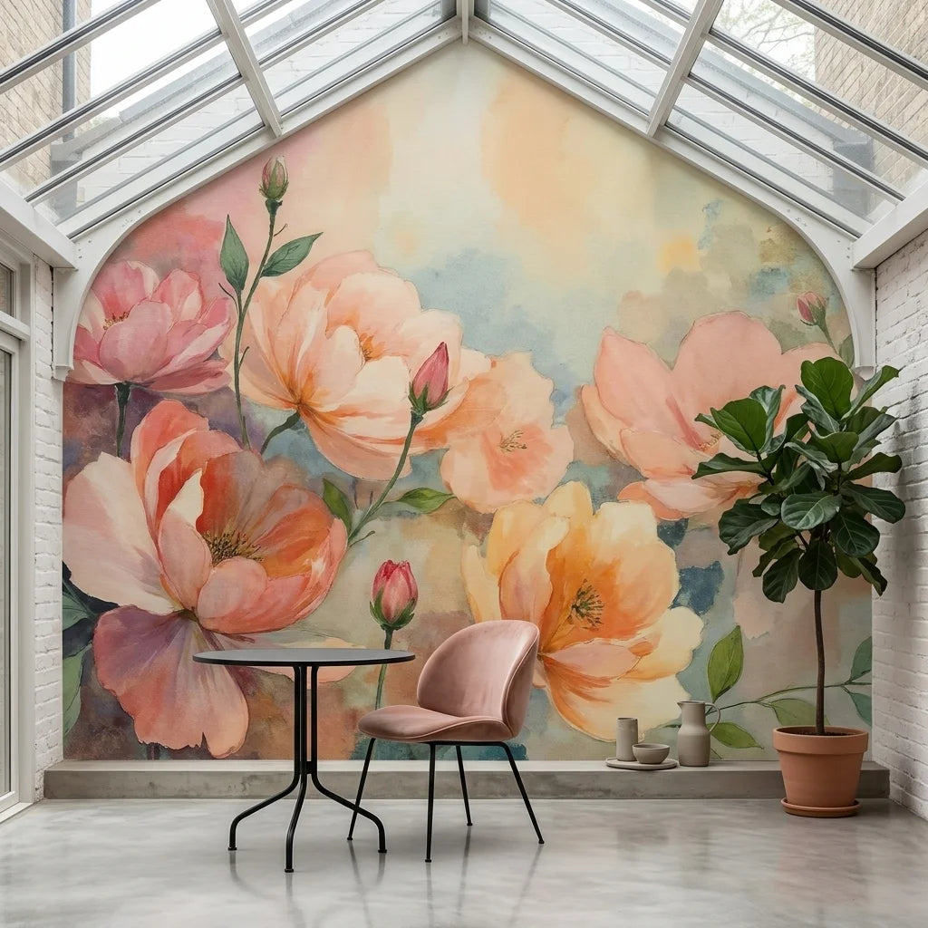 Watercolor Hours removable wallpaper featuring soft pink and peach floral blooms in sunlit conservatory setting