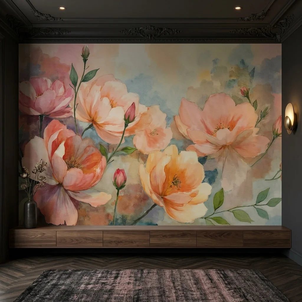 Watercolor Hours mural wallpaper featuring oversized peach and pink blooms on abstract watercolor background