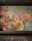 Watercolor Hours mural wallpaper featuring oversized peach and pink blooms on abstract watercolor background