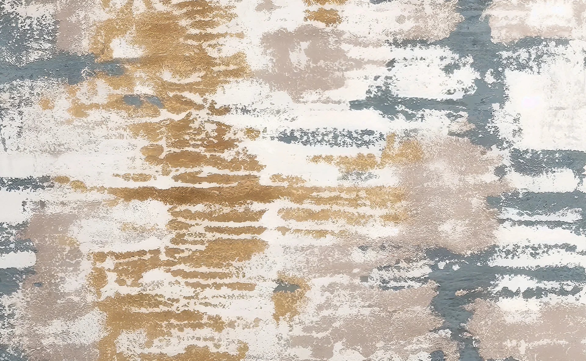 Weathered Gold distressed abstract brushstroke wallpaper creating ambiance in a serene bathroom