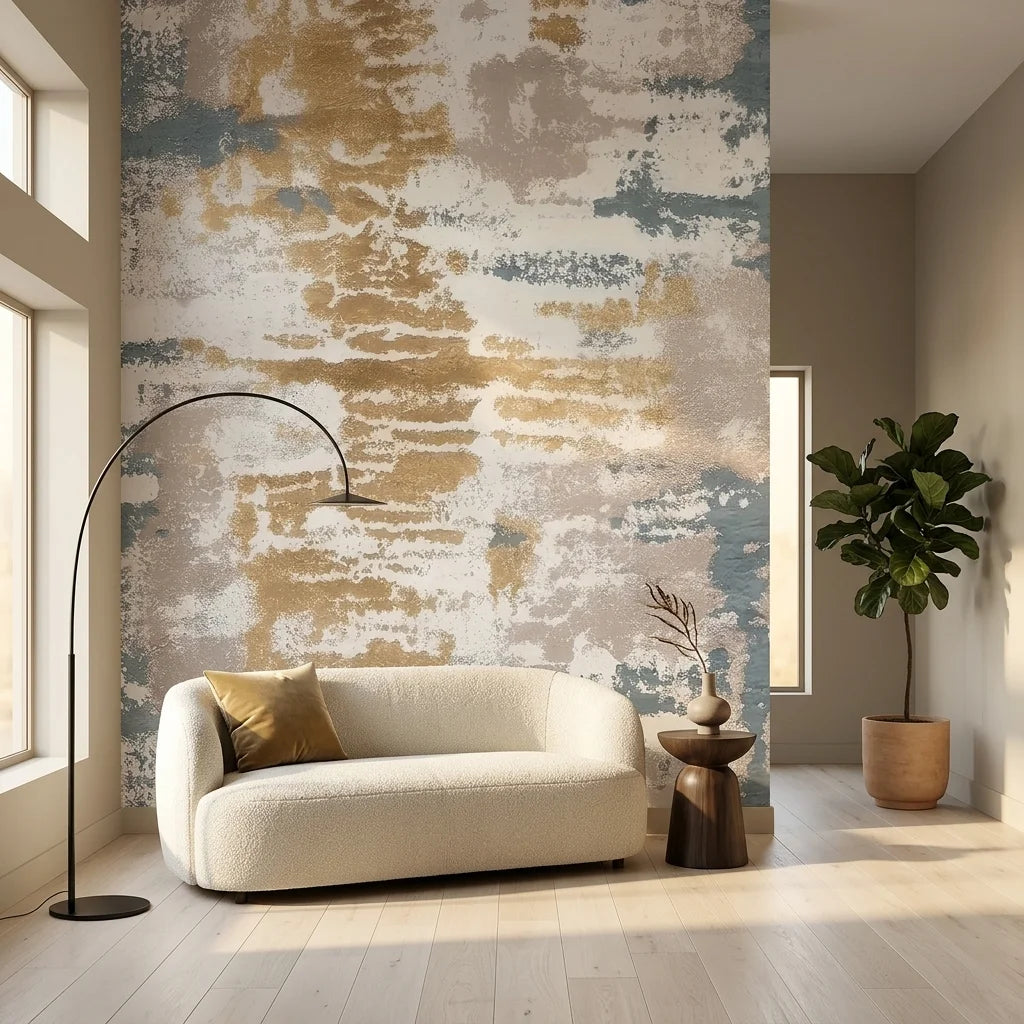 Matte gold grey distressed abstract brushstroke peel and stick wallpaper - Weathered Gold