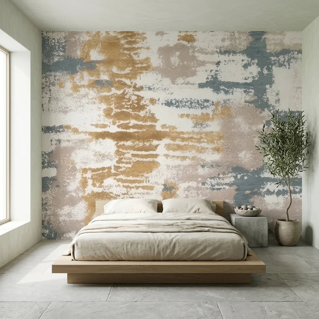 Weathered Gold distressed abstract brushstroke wallpaper in a warm and inviting living room