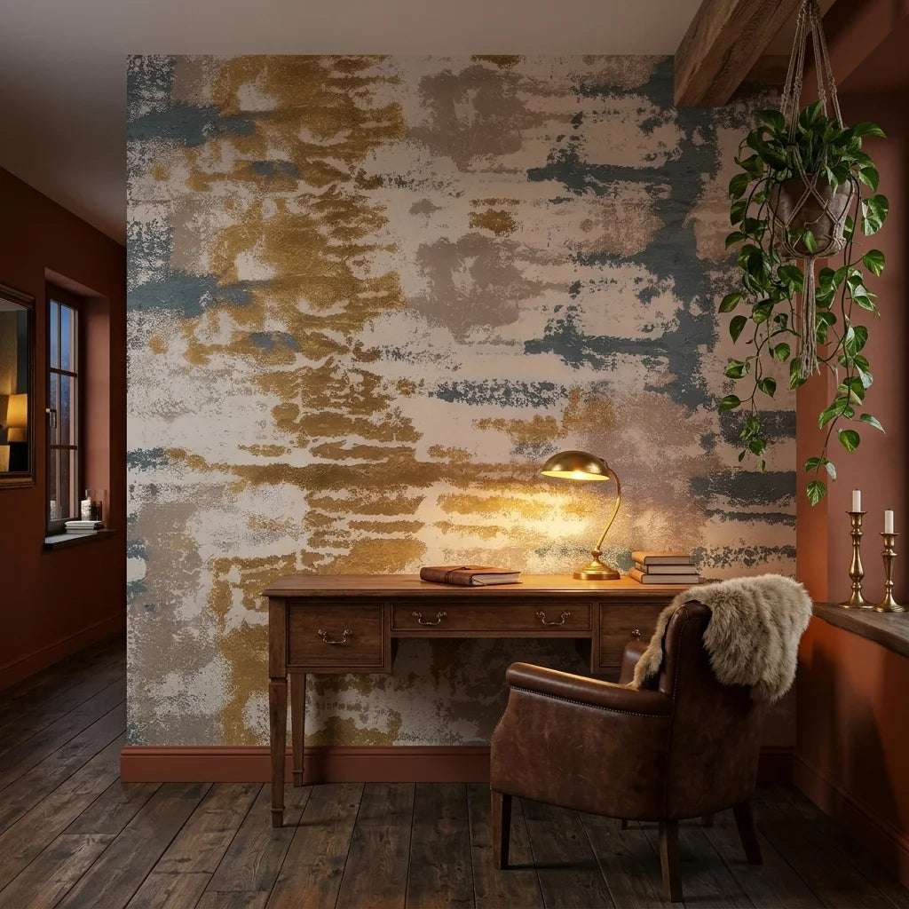 Weathered Gold distressed abstract brushstroke wallpaper adding character to a cozy bedroom