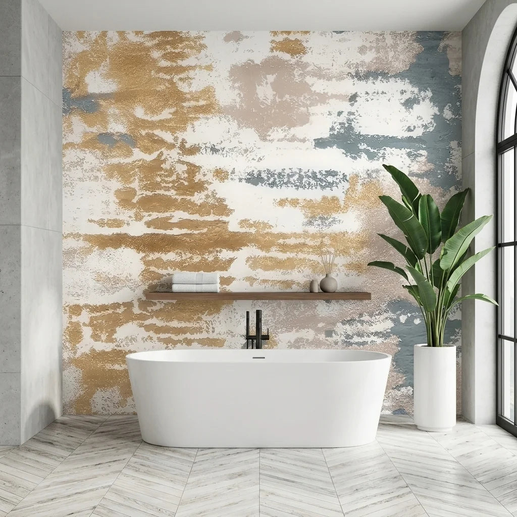 Weathered Gold distressed abstract brushstroke wallpaper as a feature wall in a bright home office