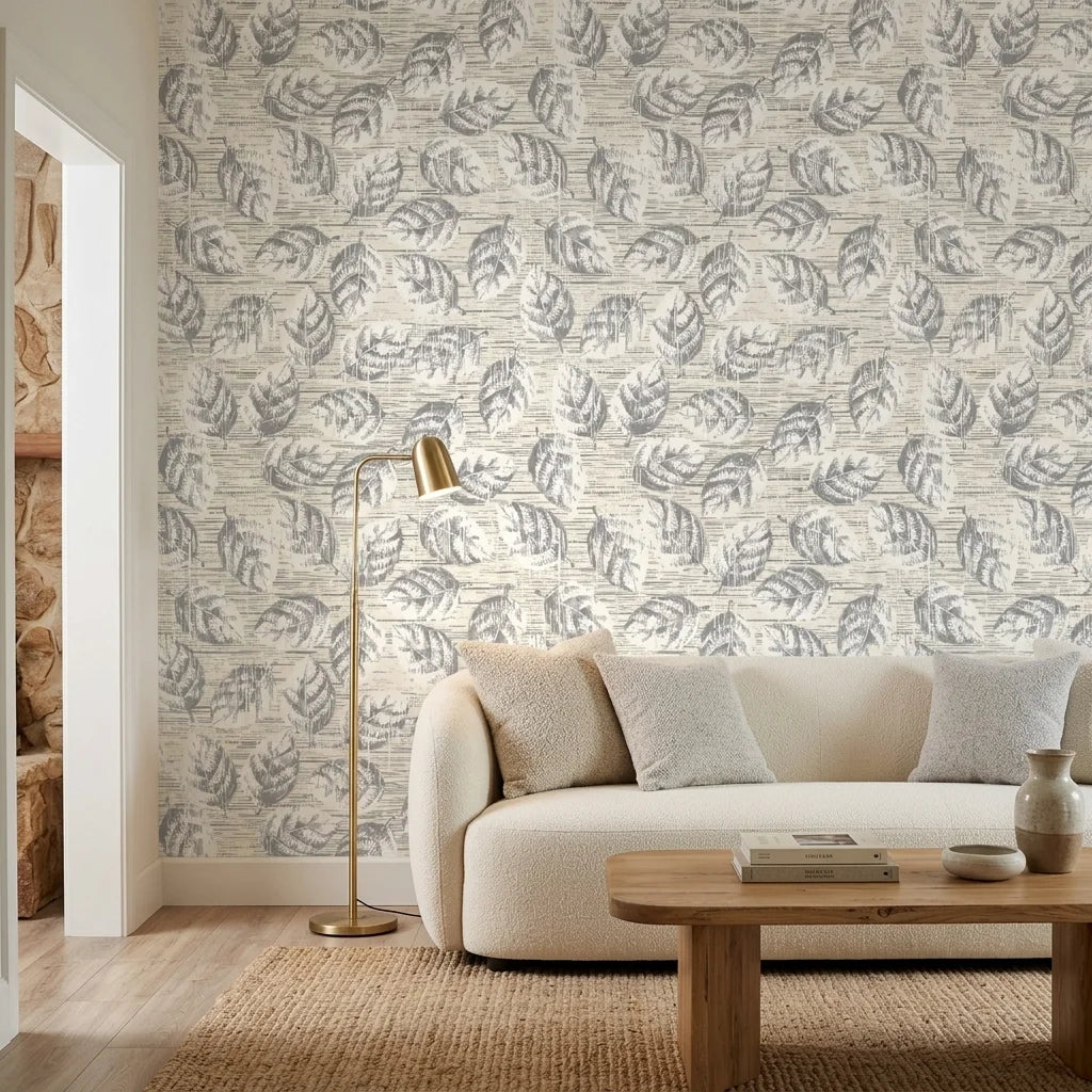 Weathered Grove neutral botanical peel and stick wallpaper in a warm and inviting living room