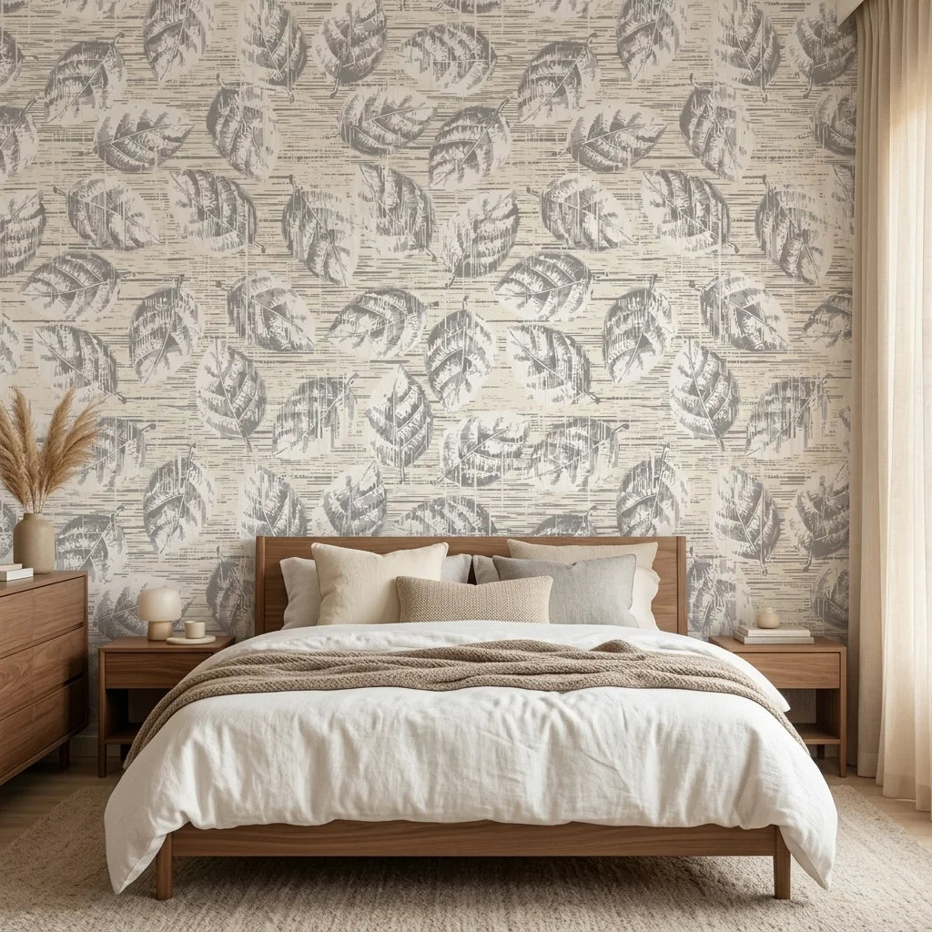 Weathered Grove neutral botanical peel and stick wallpaper adding character to a cozy bedroom