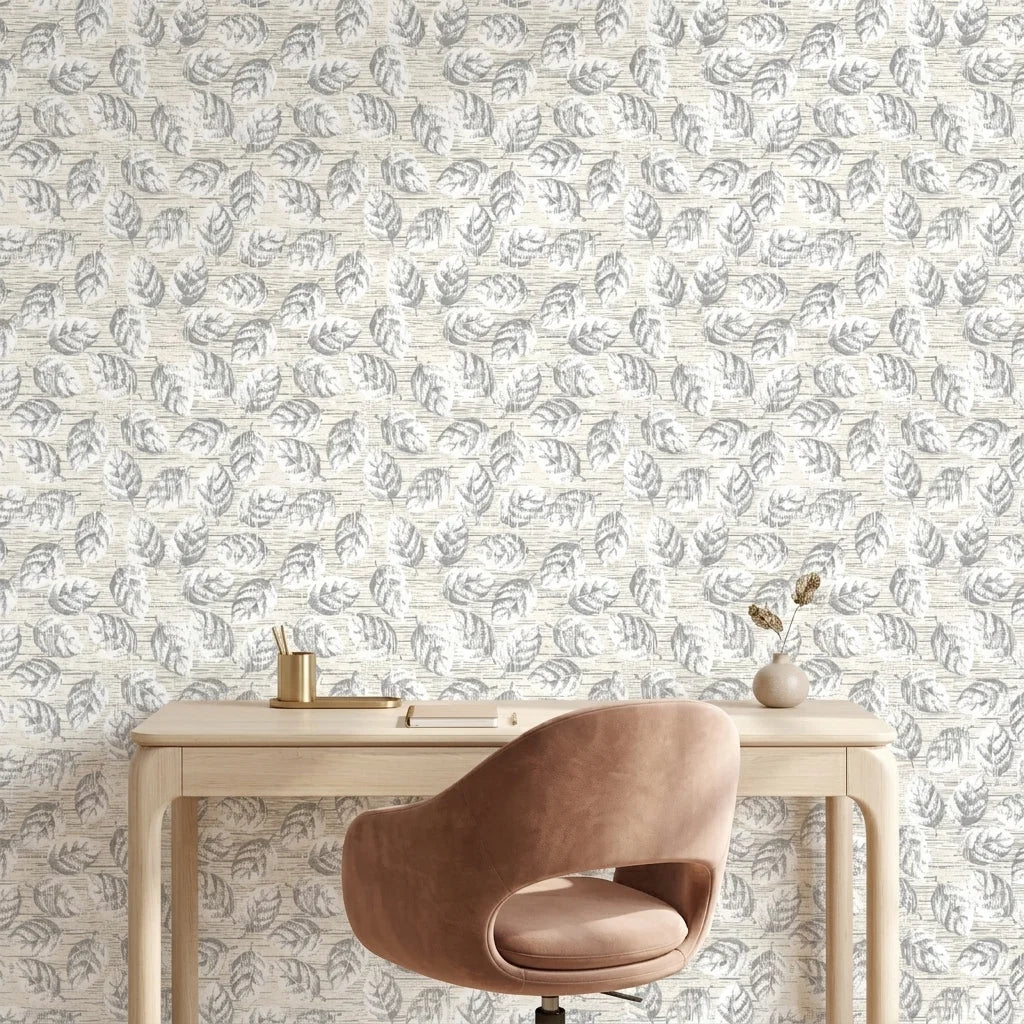 Weathered Grove neutral botanical peel and stick wallpaper as a feature wall in a bright home office