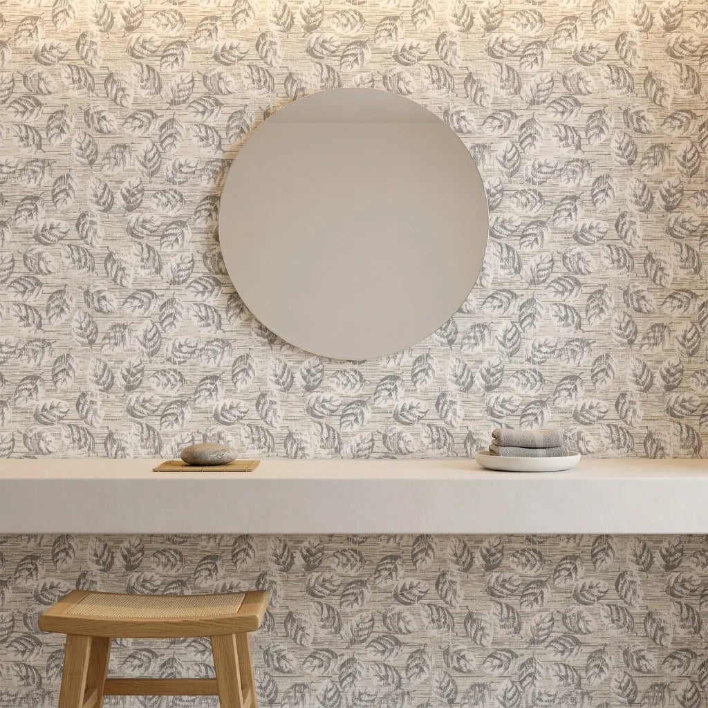 Weathered Grove neutral botanical peel and stick wallpaper creating ambiance in a serene bathroom