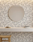 Weathered Grove neutral botanical peel and stick wallpaper creating ambiance in a serene bathroom