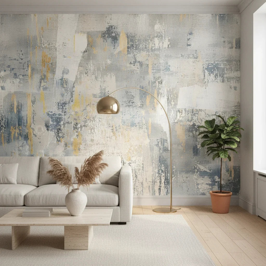 Weathered Gold bold abstract industrial in a warm and inviting living room