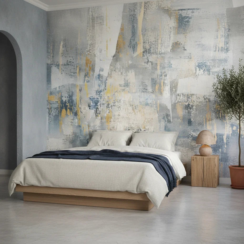 Weathered Gold bold abstract industrial adding character to a cozy bedroom
