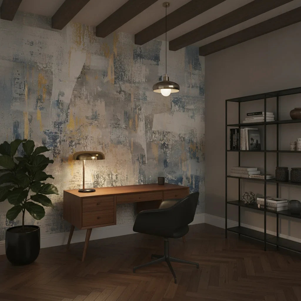 Weathered Gold bold abstract industrial as a feature wall in a bright home office