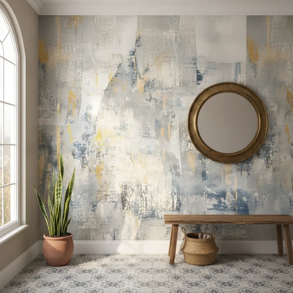 Weathered Gold bold abstract industrial creating ambiance in a serene bathroom