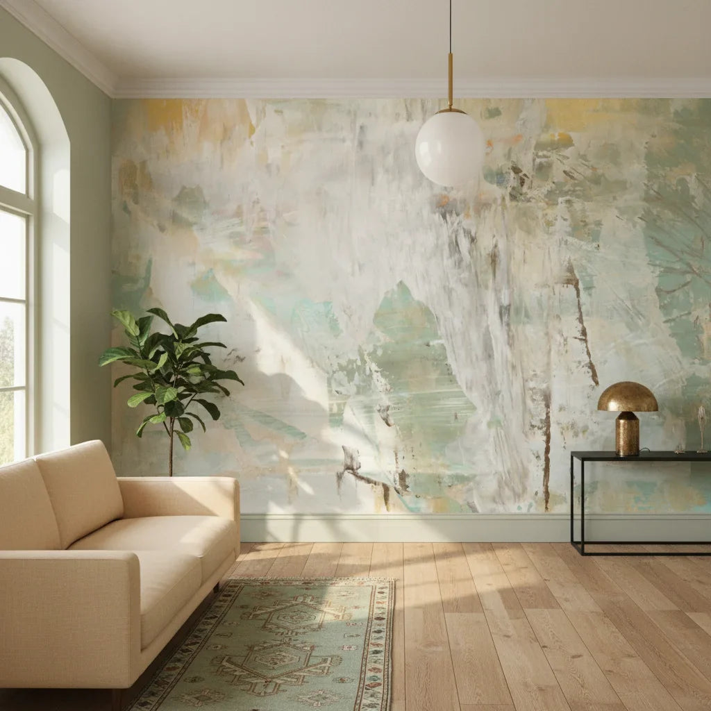 Weathered Plaster sage green abstract in a warm and inviting living room