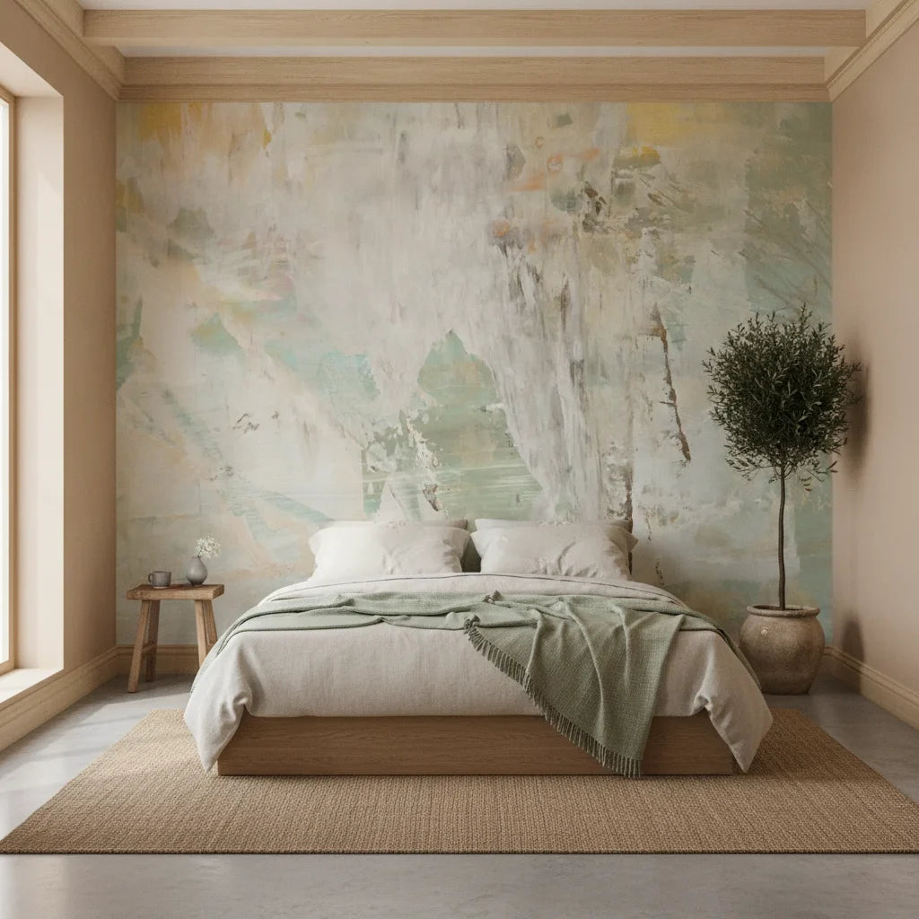 Weathered Plaster sage green abstract adding character to a cozy bedroom