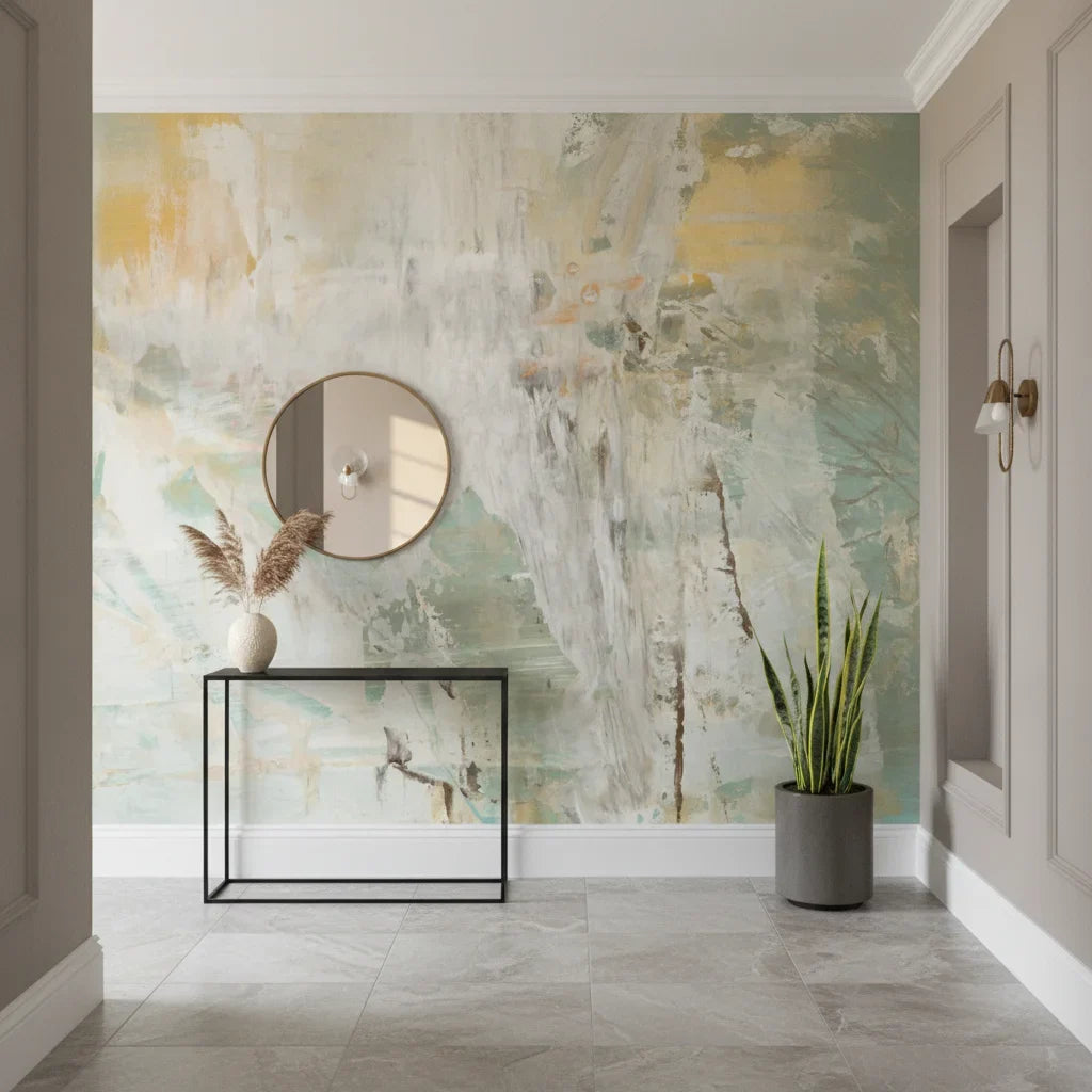 Weathered Plaster sage green abstract as a feature wall in a bright home office