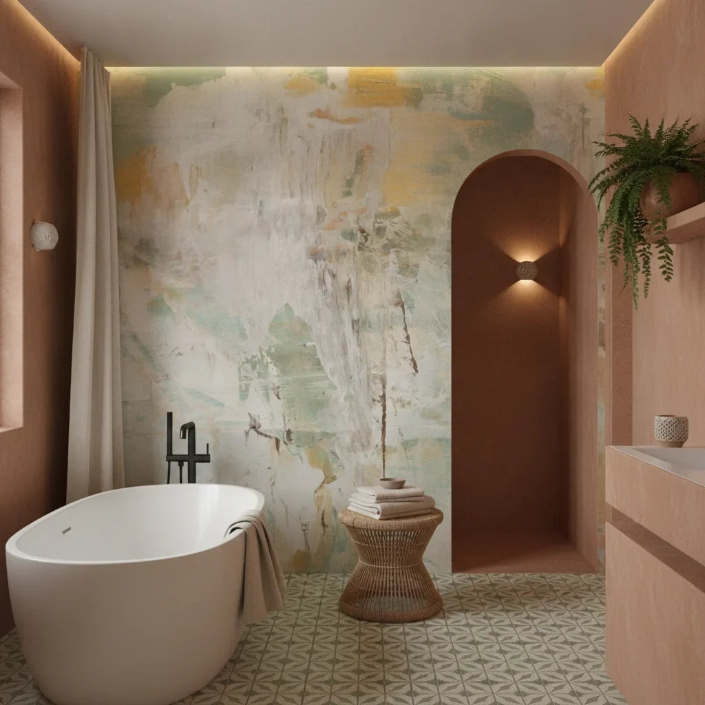 Weathered Plaster sage green abstract creating ambiance in a serene bathroom