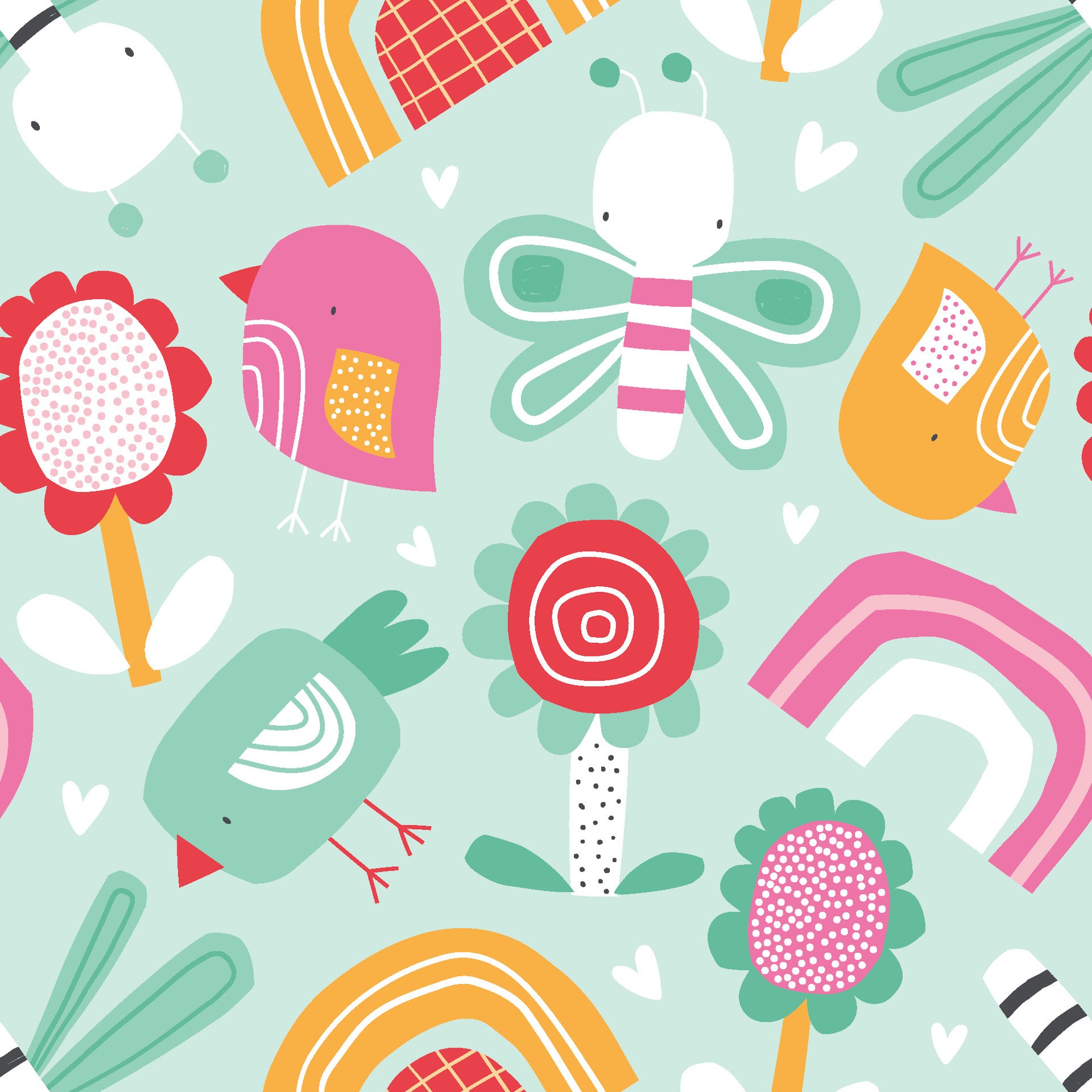 This whimsical teal wallpaper features a dense motif of colorful birds, tall sunflowers, and curved rainbows