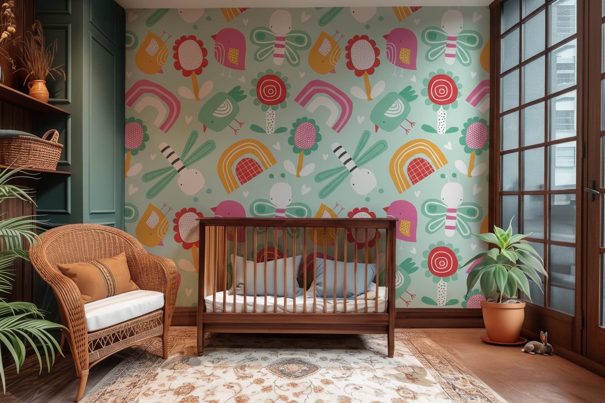 Cheerful teal wall covering featuring bright feathered birds, yellow sunflowers, and multiple rainbows.