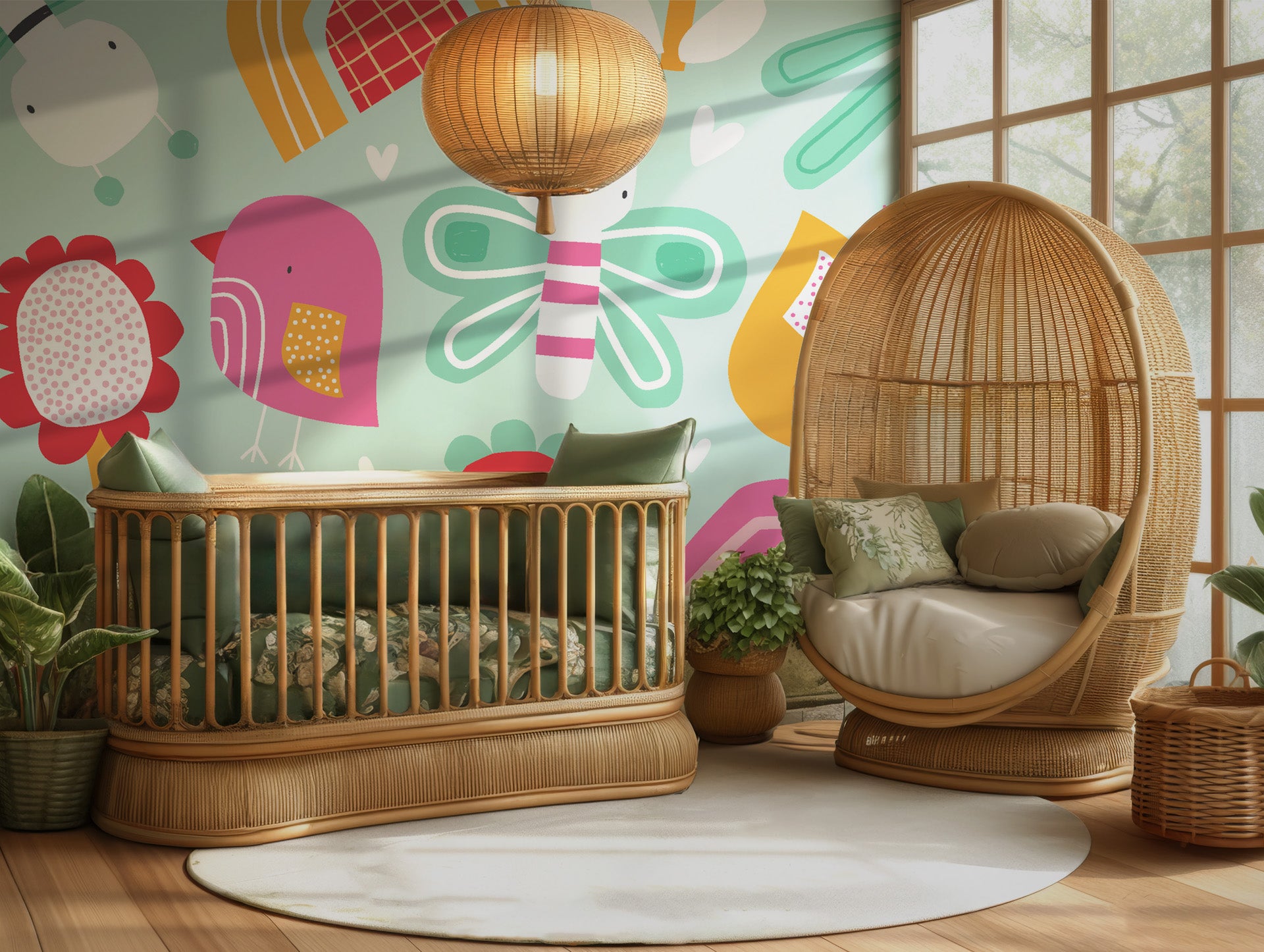 Vibrant wallpaper in a teal hue, illustrated with playful birds, large sunflowers, and brilliant rainbows