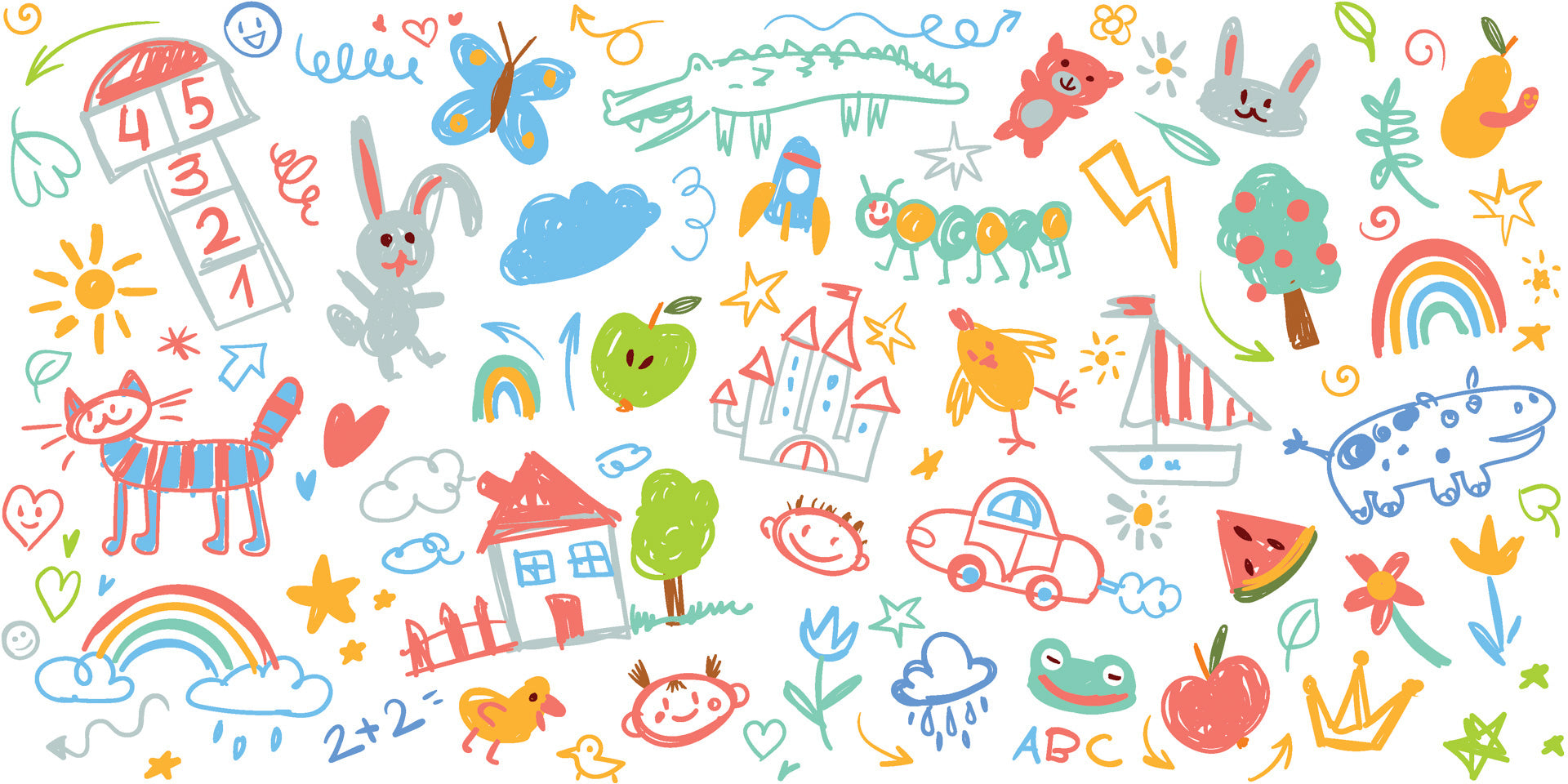 A vibrant white backdrop featuring an assortment of colorful, childlike crayon markings in disarray