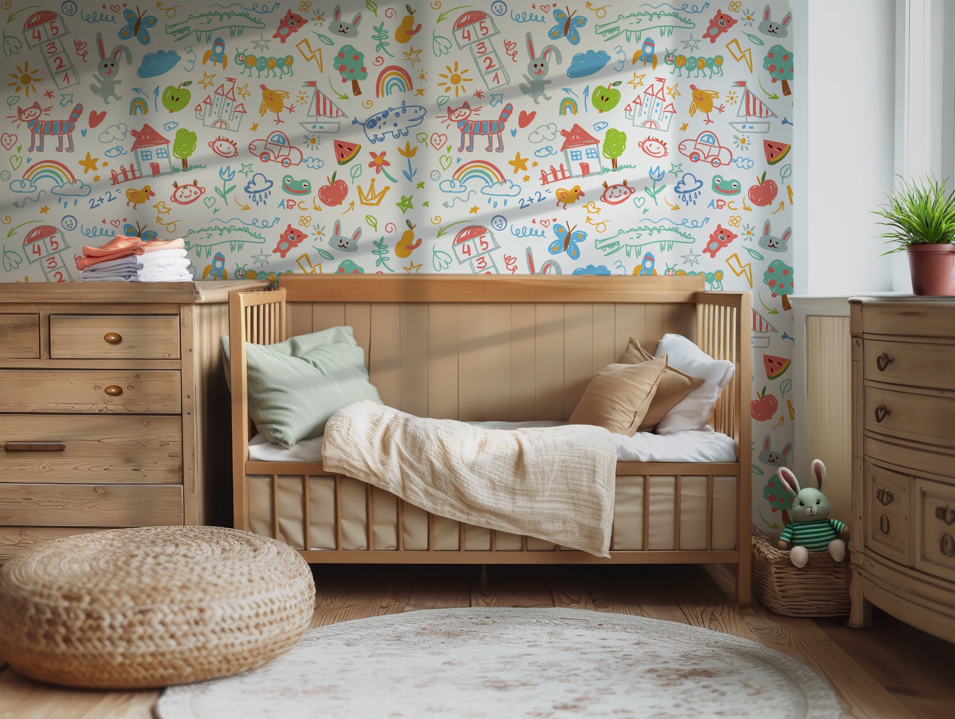 Colorful, crayon-style scribbles haphazardly patterned across a bright white wallpaper.