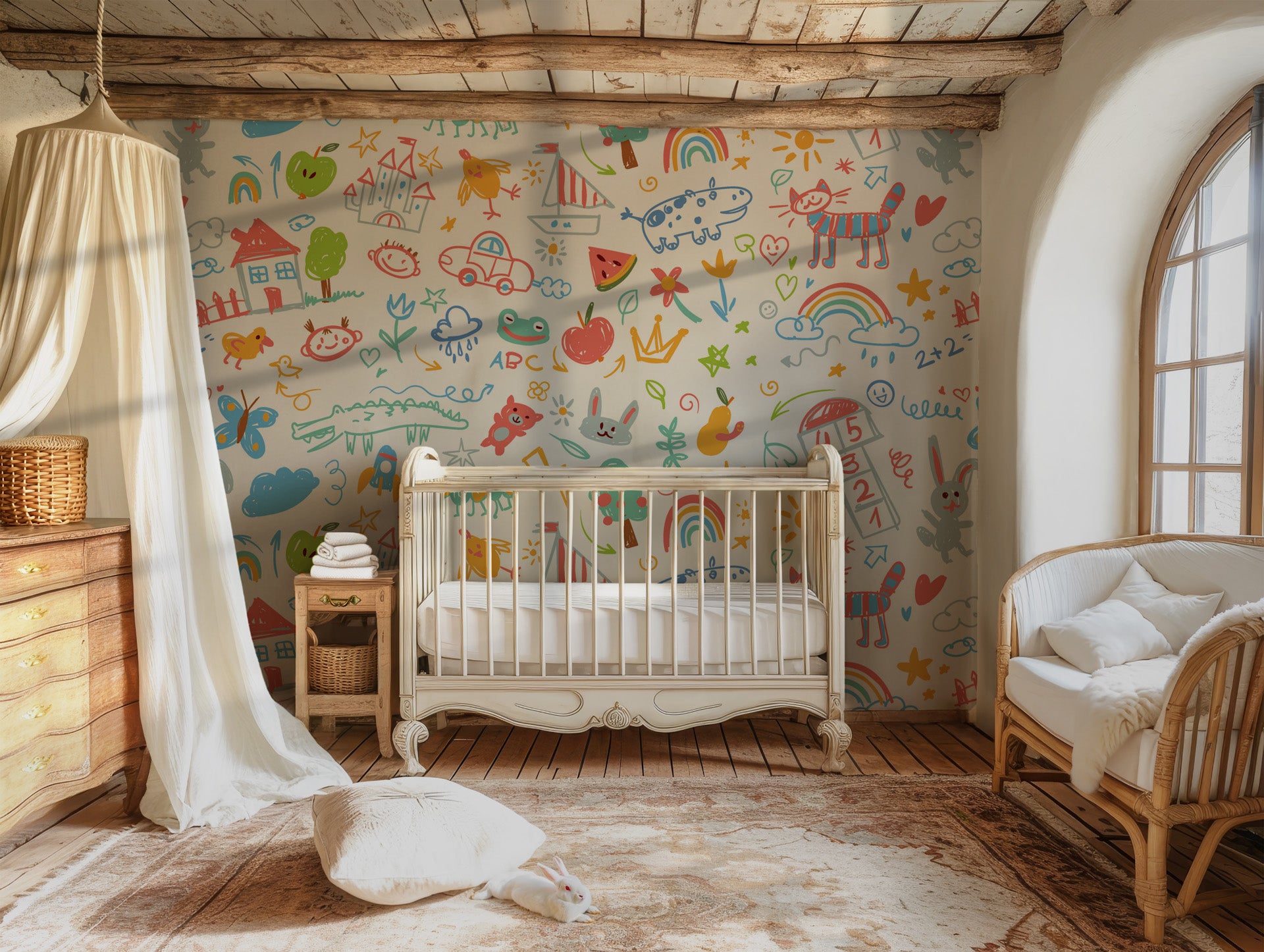 White wallpaper design consisting of a vibrant mess of childlike crayon markings.