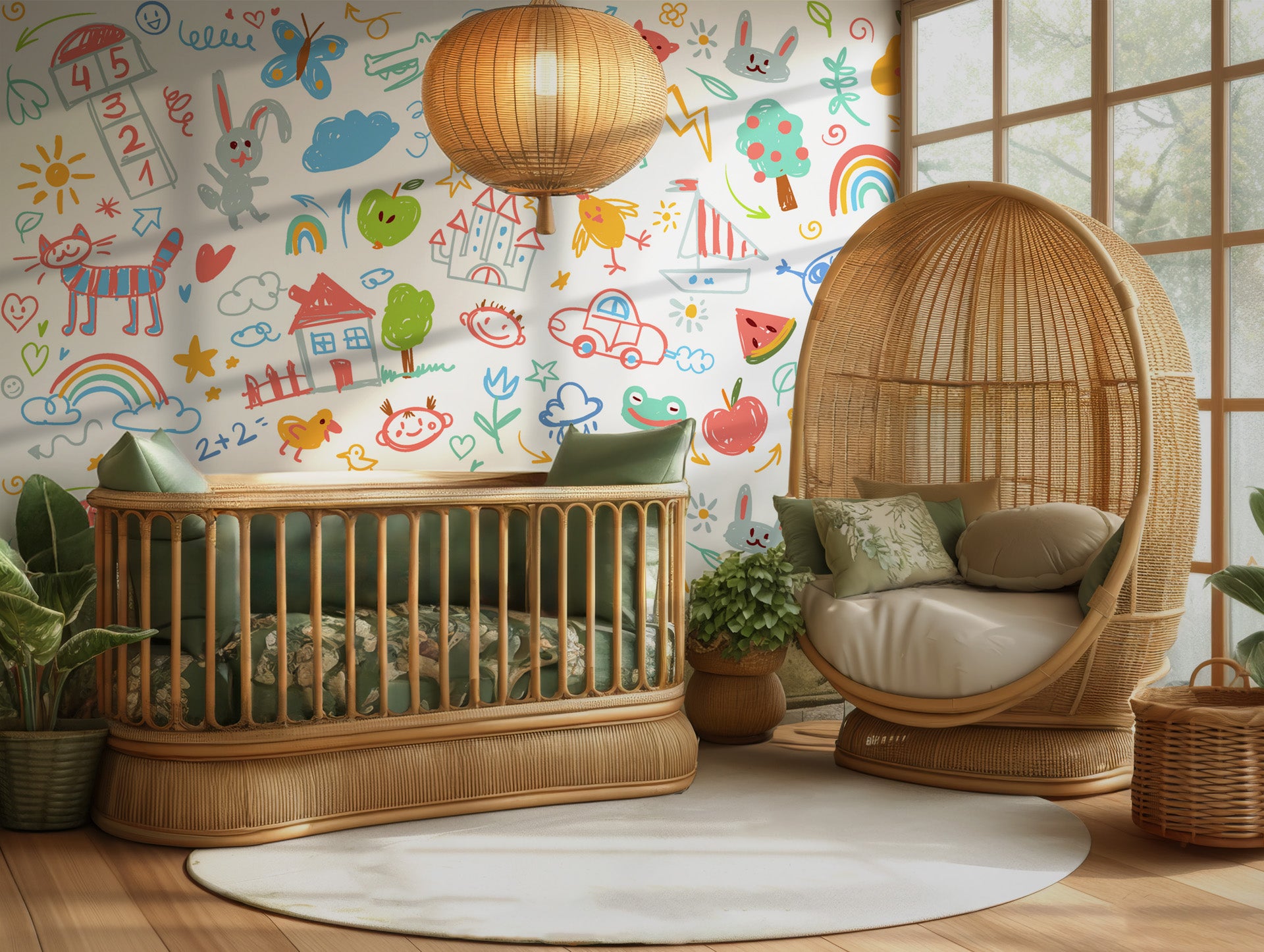 Colorful, jumbled, crayon-style doodles covering a sheet of vibrant white wallpaper