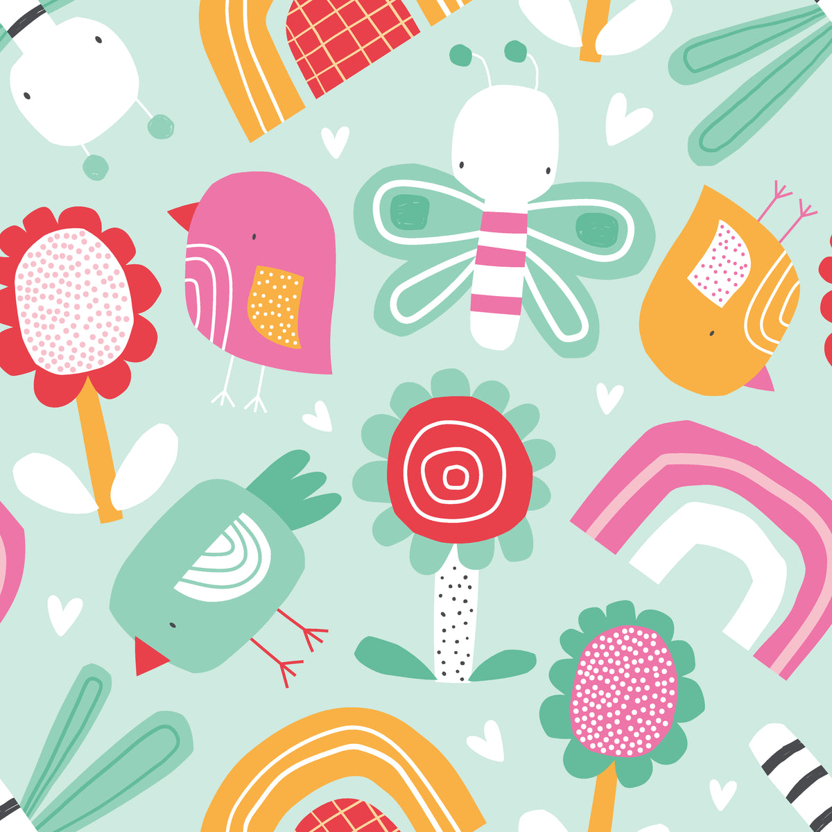 White colorful child crayon doodle pattern peel and stick wallpaper -Whimsy Meadow