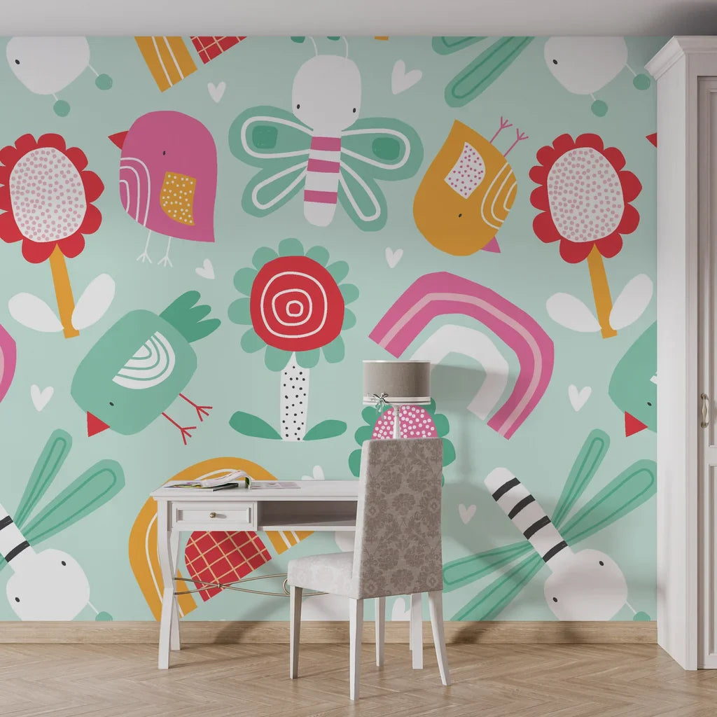 Multicolored hand-drawn crayon sketches on a white background, peel and stick nursery wallpaper pattern. - Whimsy Meadow