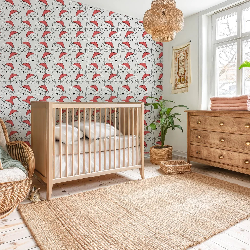 A repeating pattern of soft watercolor owls on a light beige pinstriped backdrop for easy-to-apply wall decor. - Whisker Joy