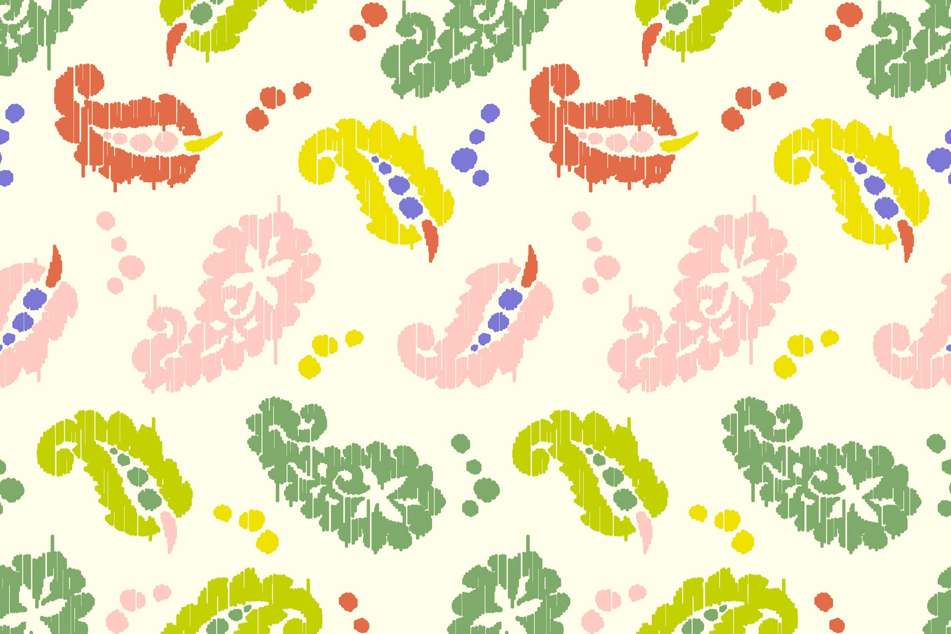 Self-adhesive wall covering, 'Whisper Bloom,' featuring a soft pastel, colorful abstract Ikat paisley design