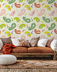Self-adhesive wallpaper featuring a colorful, abstract pastel Ikat paisley pattern (Whisper Bloom)
